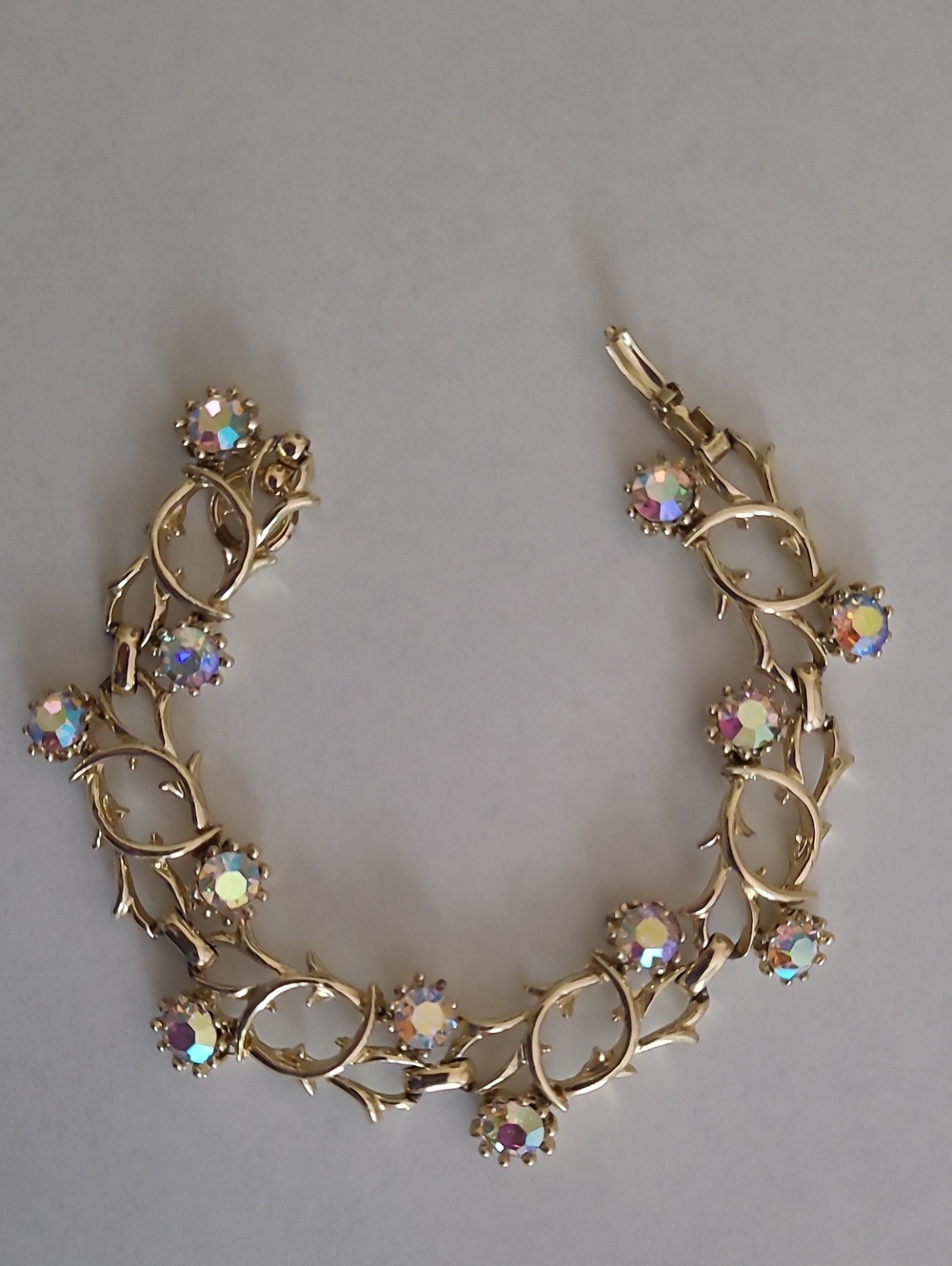 Vintage Goldtone Aurora Borealis Rhinestone Floral Bracelet
